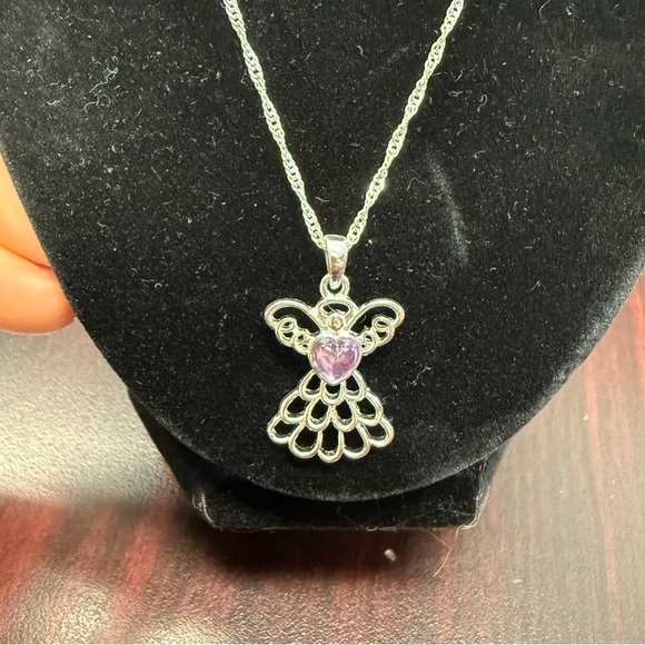 Avon Mary birthstone angel pendant Silver Necklace June Alexandrite color NIB - Picture 7 of 7